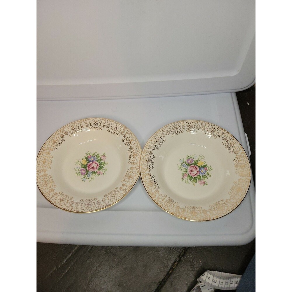 2 Limoges Triumph Rosalie Bowl Floral 22K USA 8” Gilt Lace Floral Porcelain Vtg